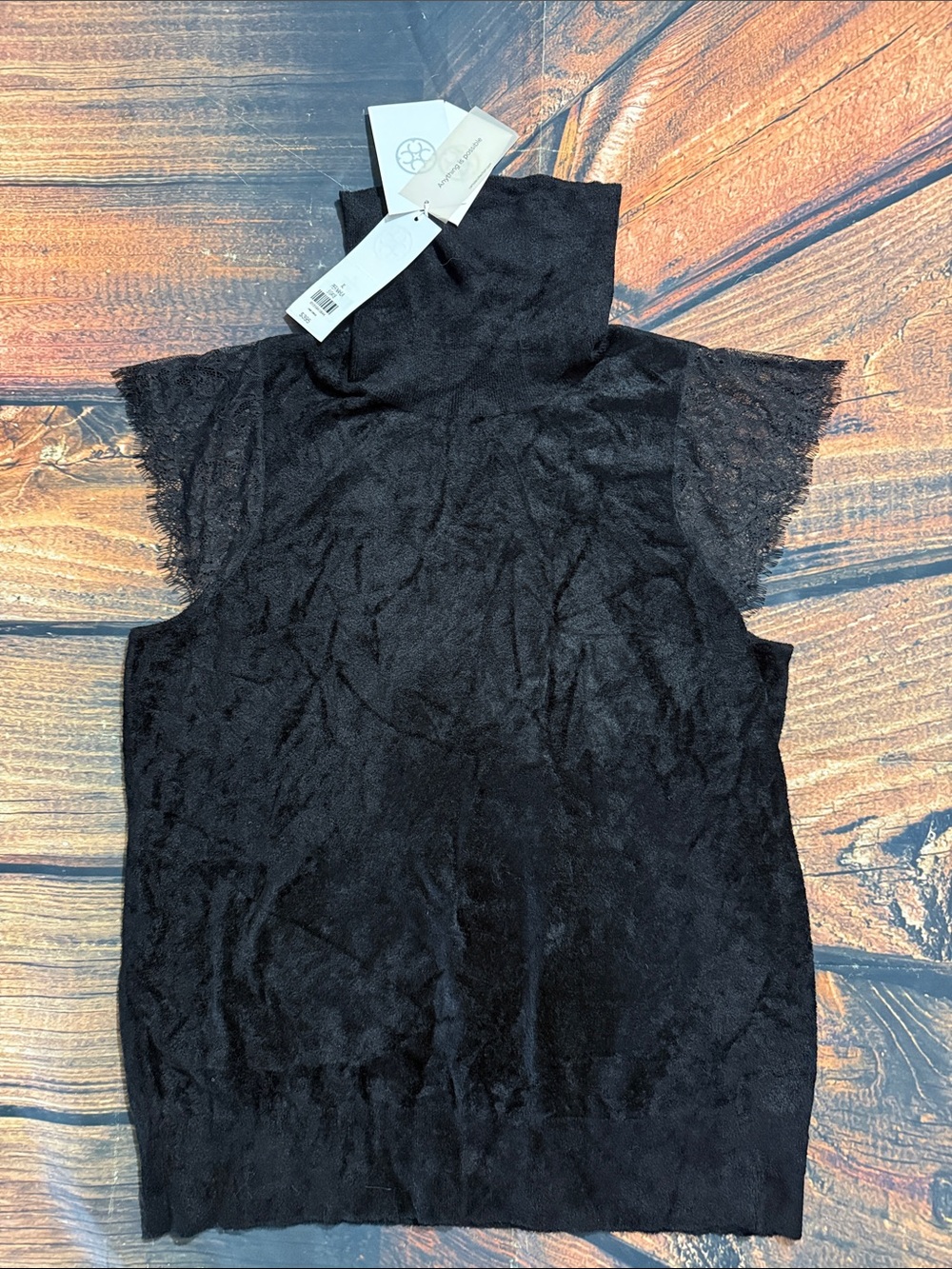 Sleeveless Black Lace-Trim Mock Neck Tank Top